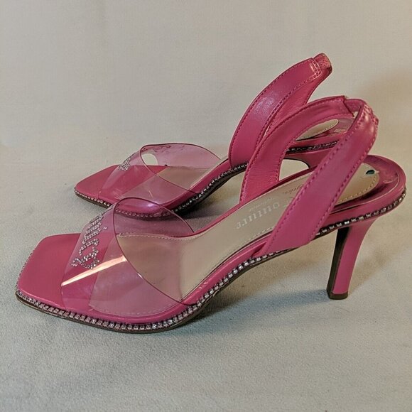 Juicy Couture Hot Pink Rhinestone Heels Clear 3" Heel Slingback Size 8 Logo Gems - Picture 3 of 16
